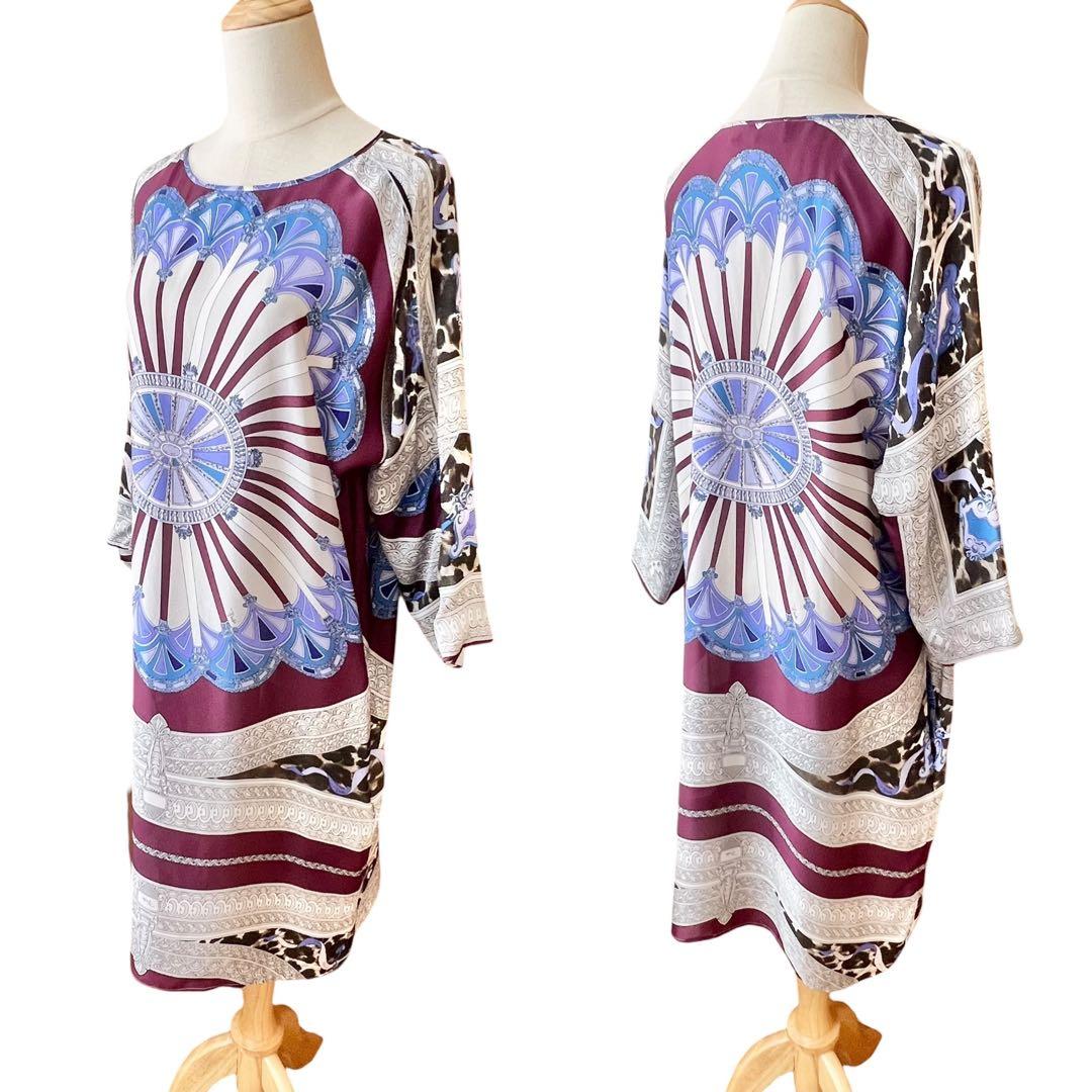 美品【エミリオプッチ】シルク総柄ワンピース☆プッチ柄☆七分袖☆上品☆春夏☆XL