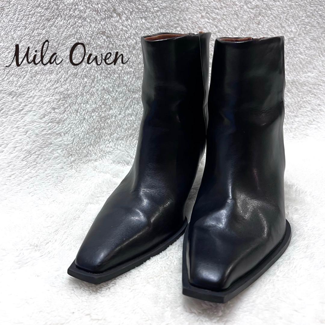 MilaOwenキトゥンヒールショートブーツ レザー 黒 ポインテッドトゥー