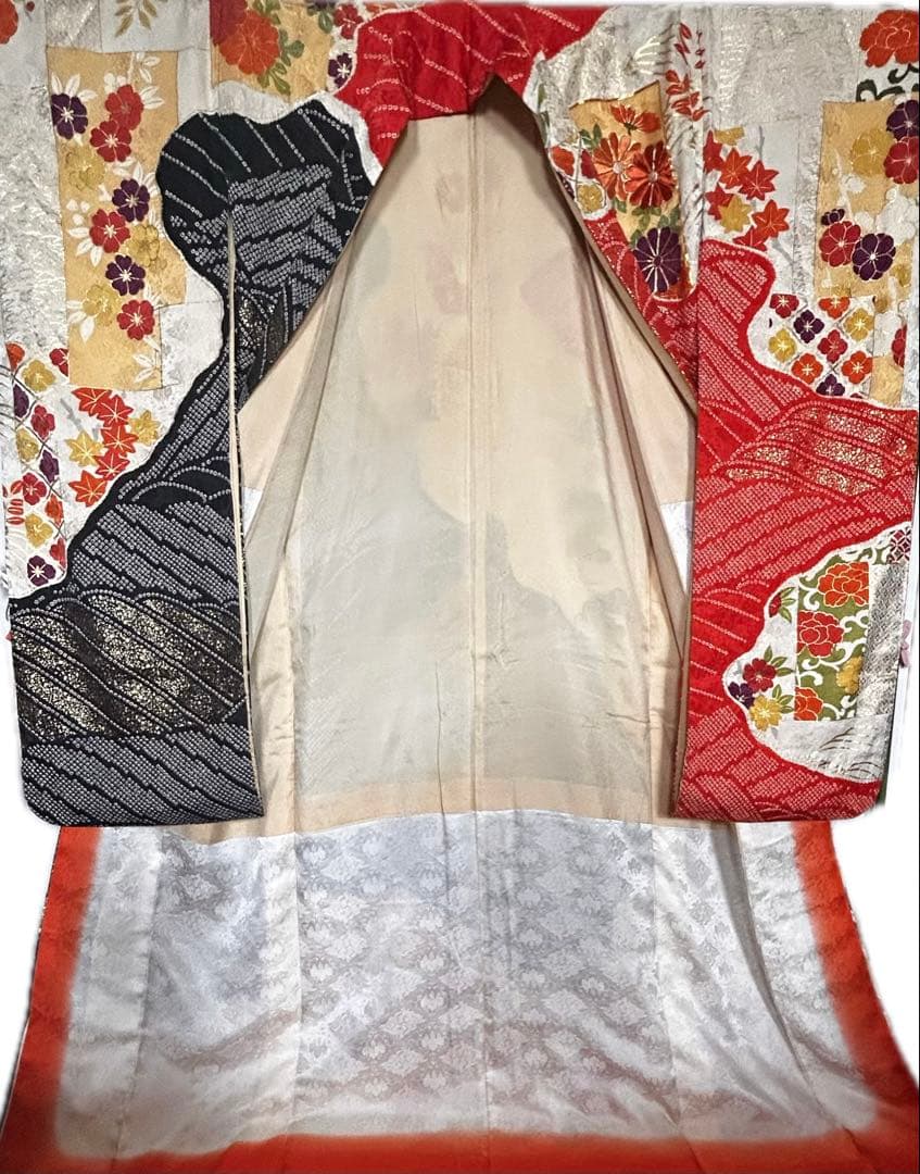 豪華振袖 身丈160 裄63 赤×黒 絞り 金彩 駒刺繍 古典花柄