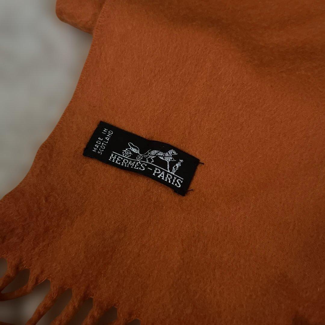 HERMES オレンジ ウール マフラー フリンジ付き