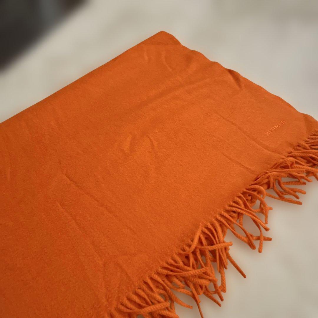 HERMES オレンジ ウール マフラー フリンジ付き