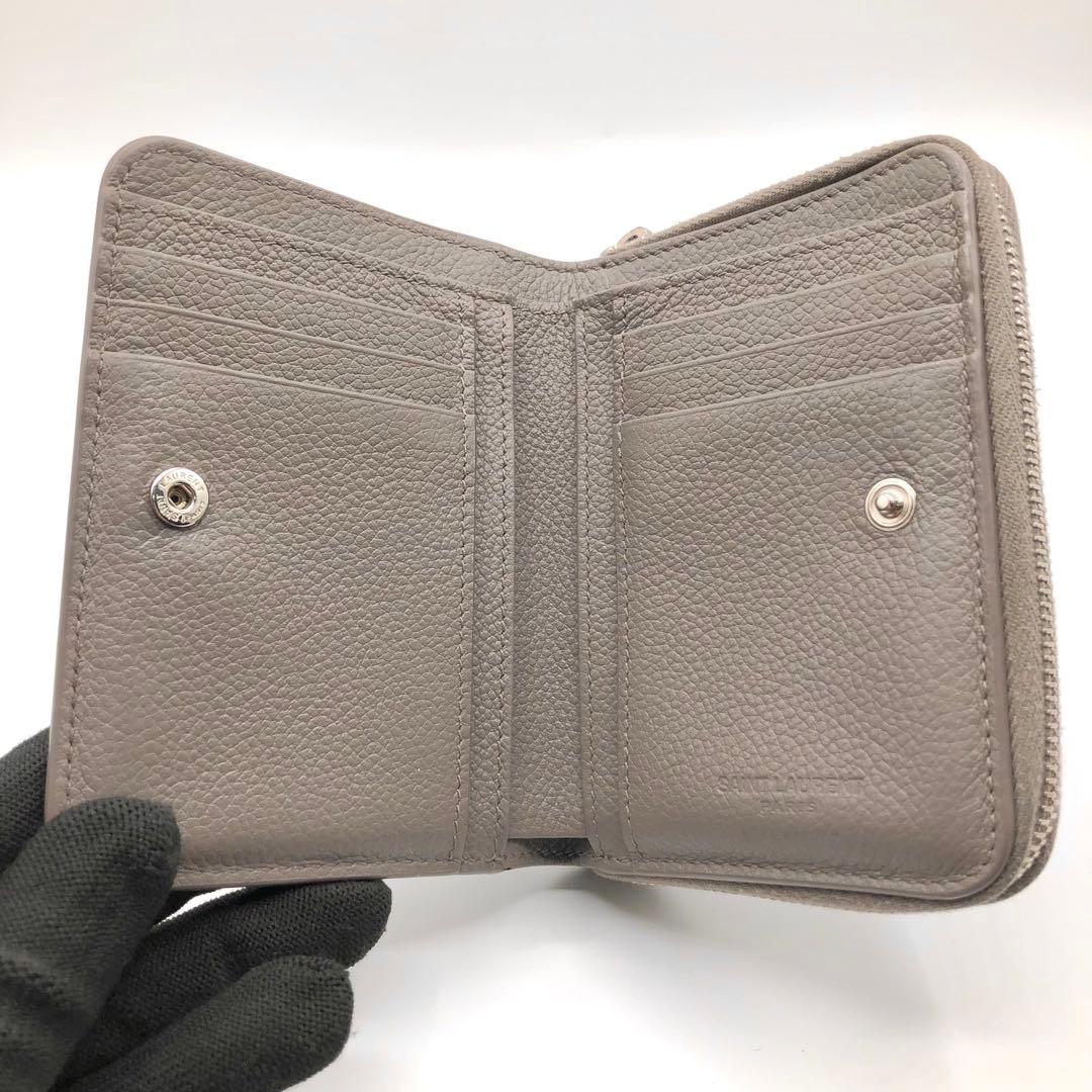 サンローラン 2つ折り財布 コンパクトジップアラウンドウォレット グレー レザー