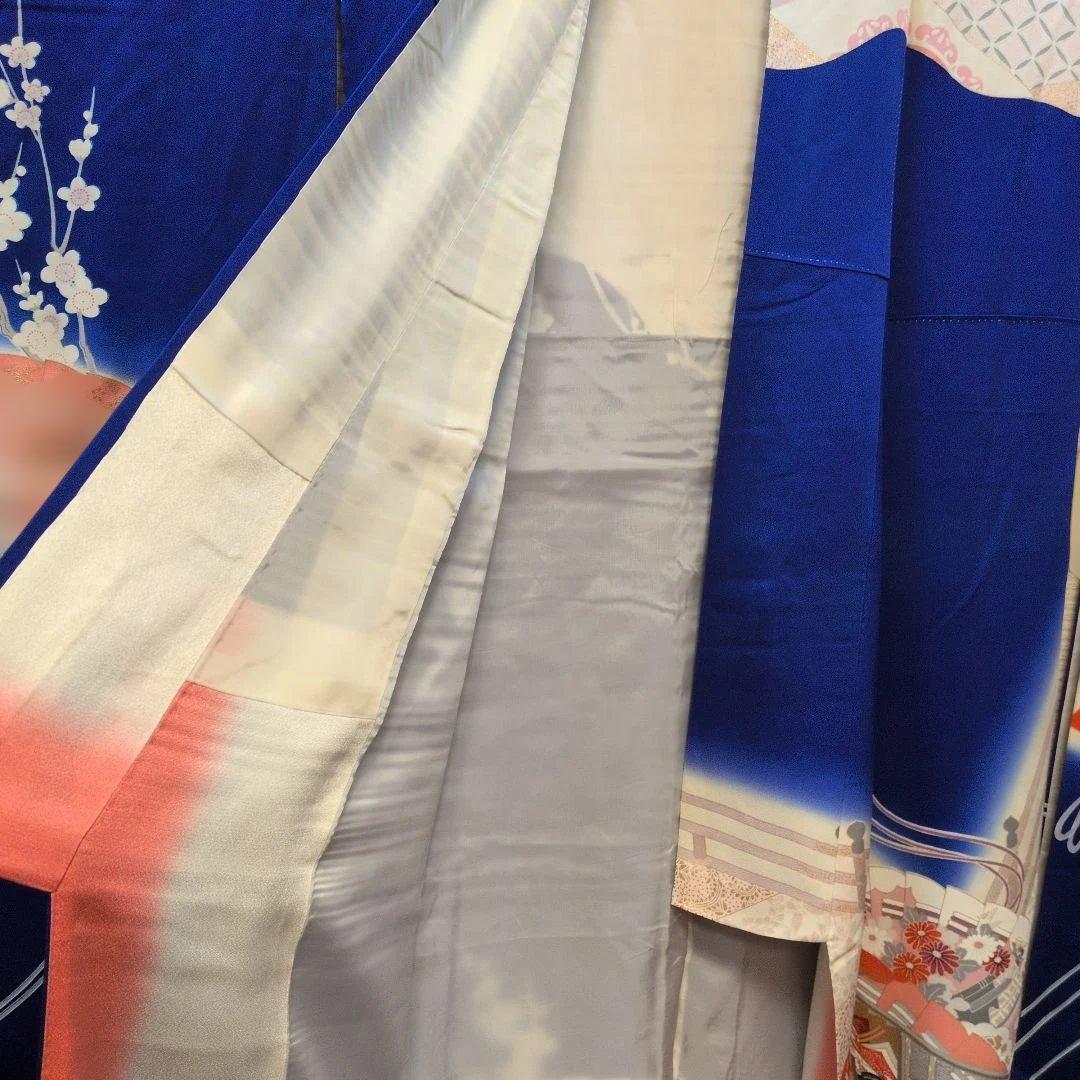 #MW24.成人正絹振袖青紫平安朝柄檜扇吉祥花文　暈し染め金彩逸品157cm