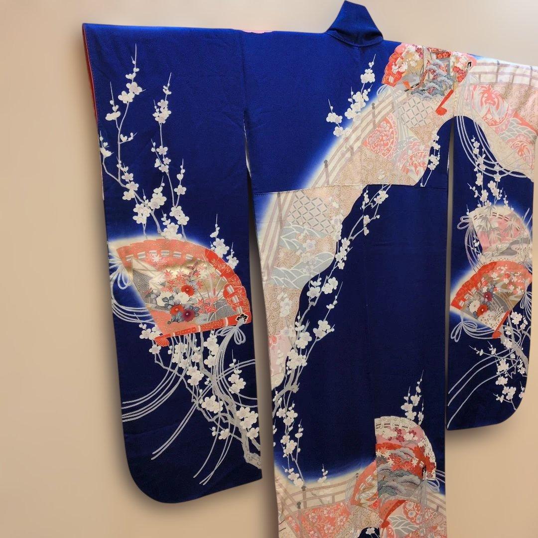 #MW24.成人正絹振袖青紫平安朝柄檜扇吉祥花文　暈し染め金彩逸品157cm