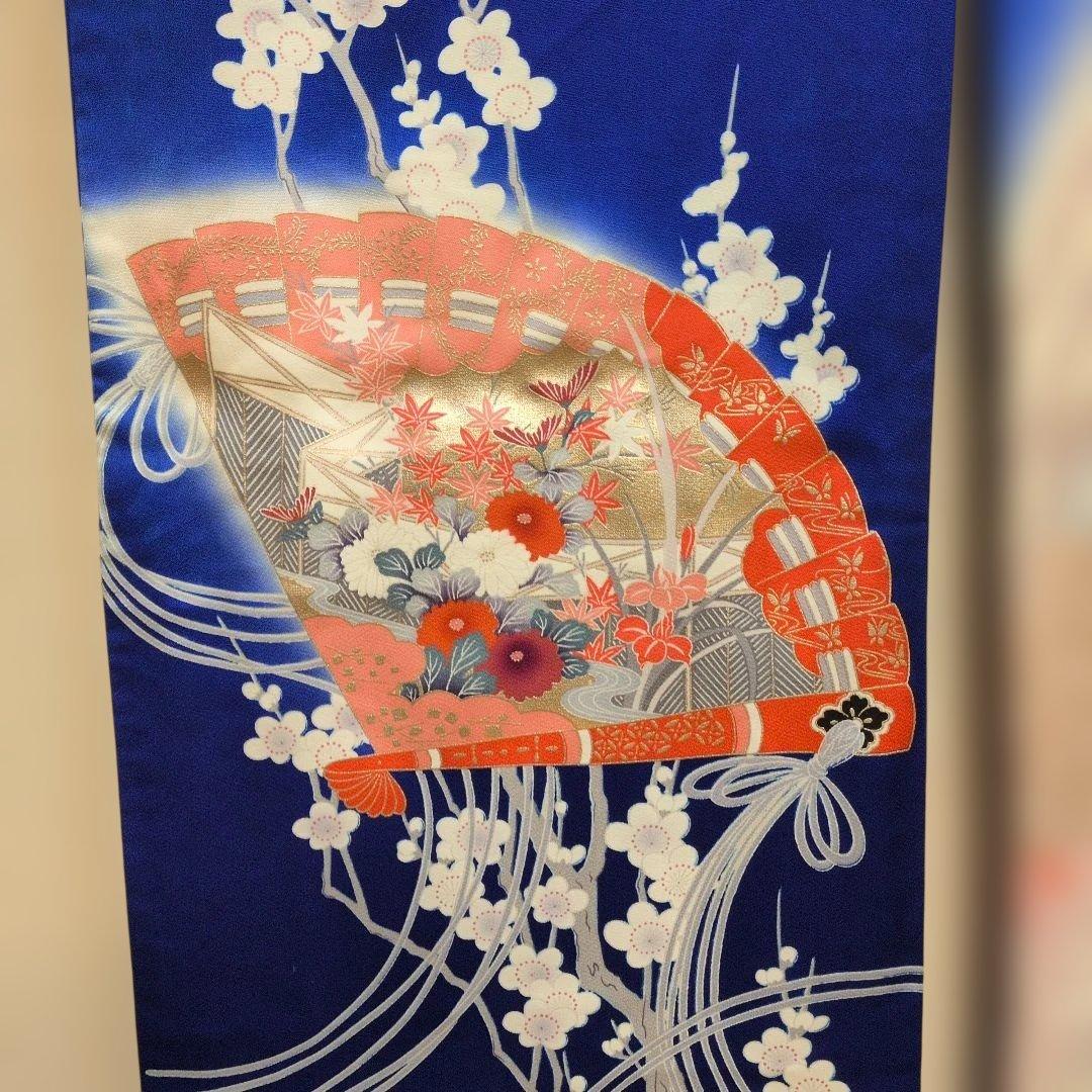 #MW24.成人正絹振袖青紫平安朝柄檜扇吉祥花文　暈し染め金彩逸品157cm
