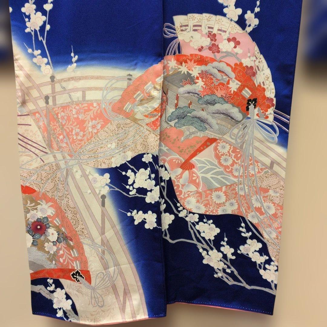 #MW24.成人正絹振袖青紫平安朝柄檜扇吉祥花文　暈し染め金彩逸品157cm