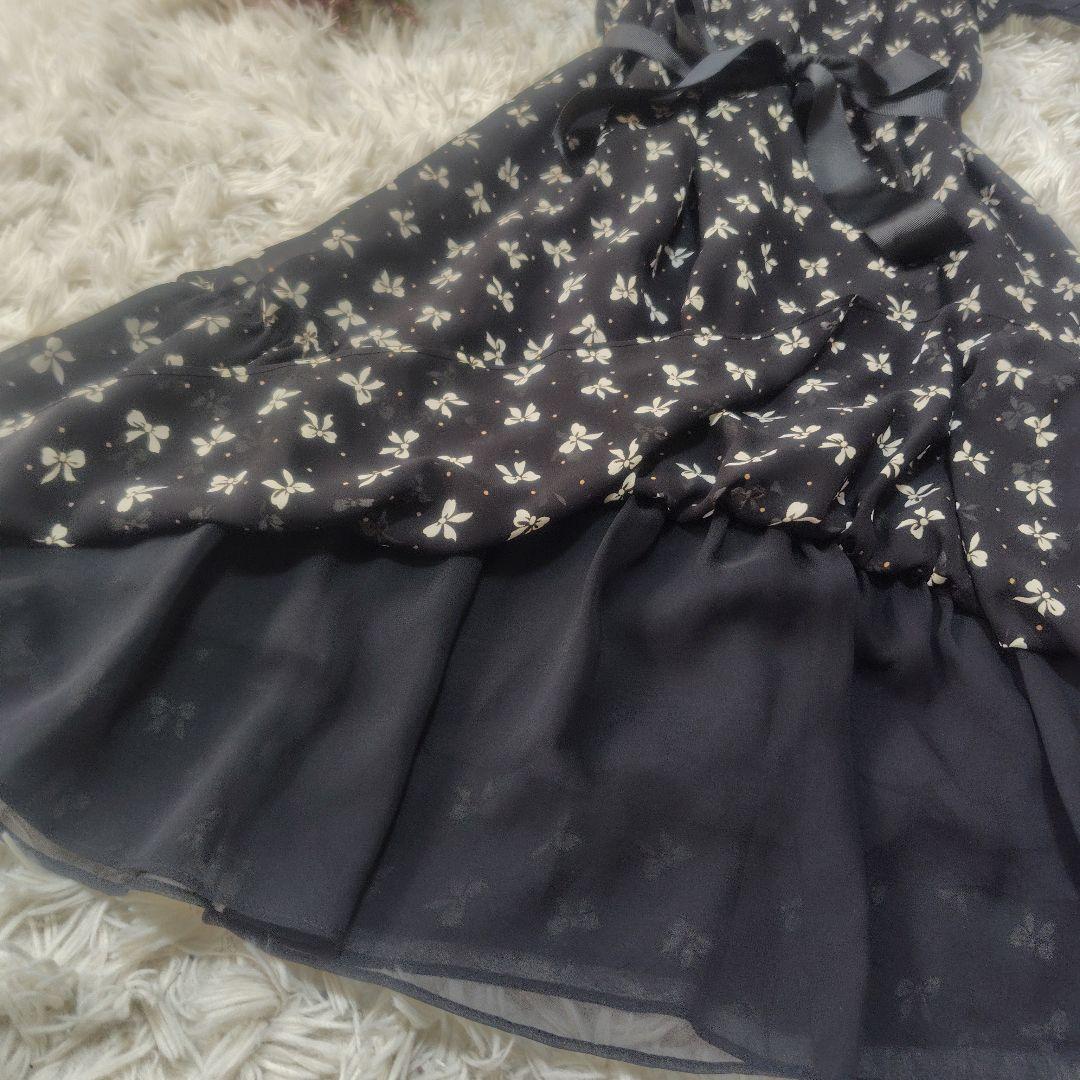 【美品♡希少40】エムズグレイシー　シフォンリボンフレアワンピース　黒　ドット