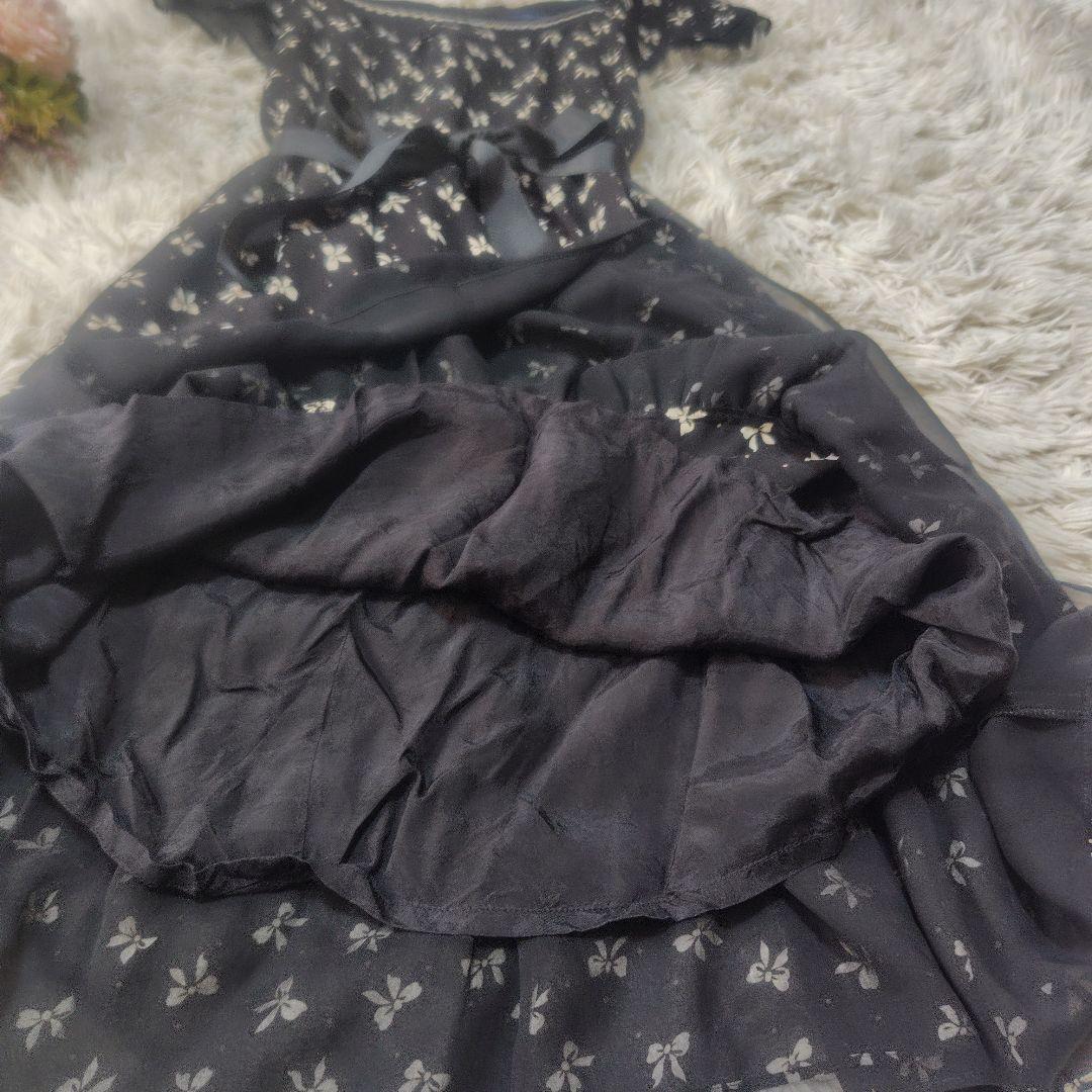 【美品♡希少40】エムズグレイシー　シフォンリボンフレアワンピース　黒　ドット