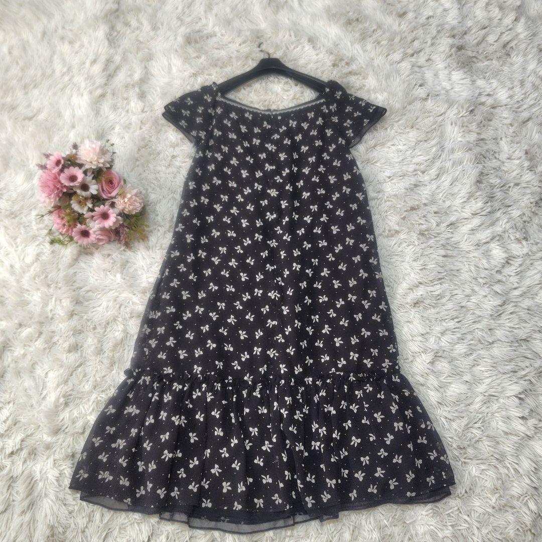 【美品♡希少40】エムズグレイシー　シフォンリボンフレアワンピース　黒　ドット