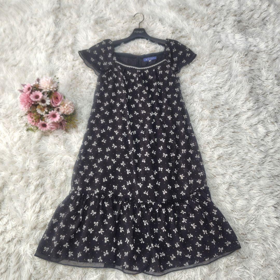 【美品♡希少40】エムズグレイシー　シフォンリボンフレアワンピース　黒　ドット