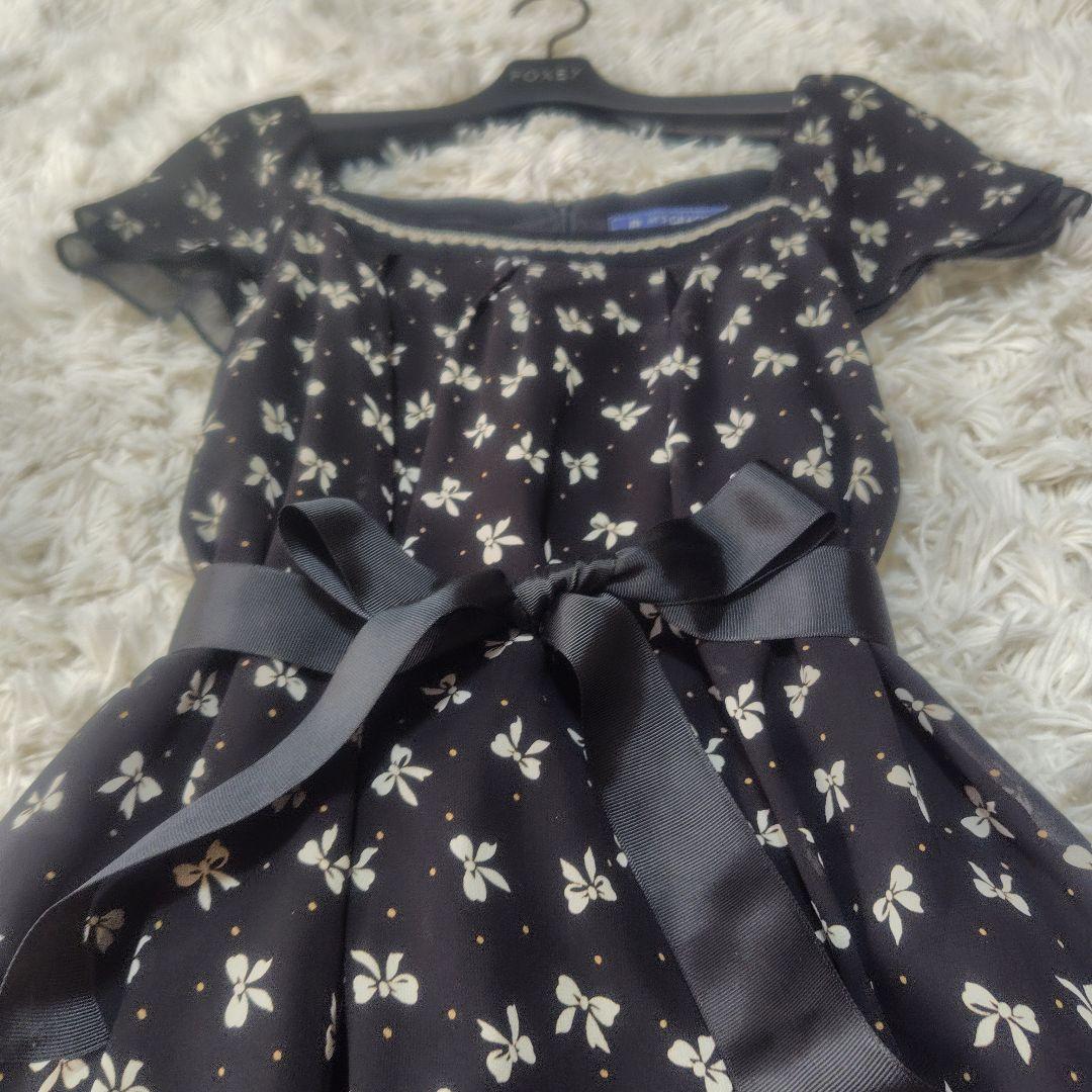 【美品♡希少40】エムズグレイシー　シフォンリボンフレアワンピース　黒　ドット