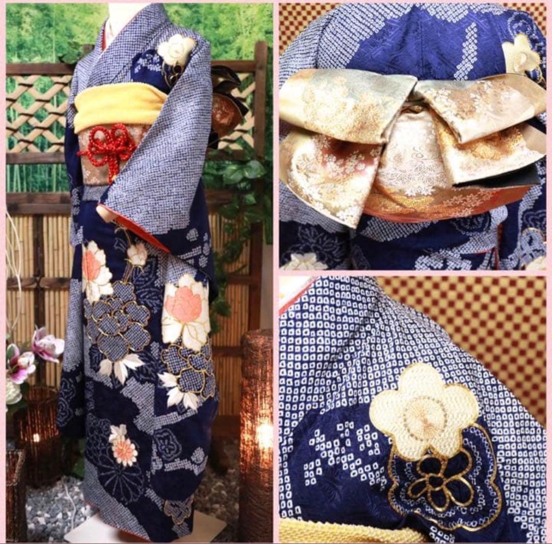 専用ページ♡✨️希少✨️絞り 美品 紺色に豪華な金刺繍 振袖 袋帯セット
