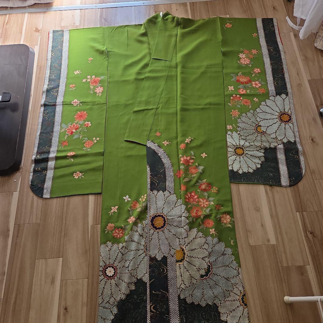 花柄 緑色 振袖 着物
