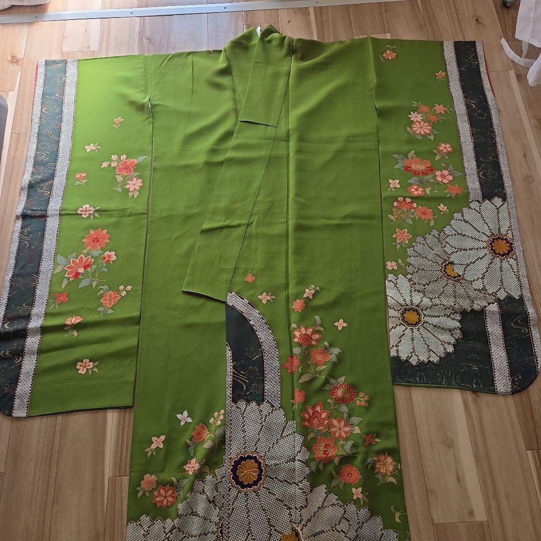 花柄 緑色 振袖 着物