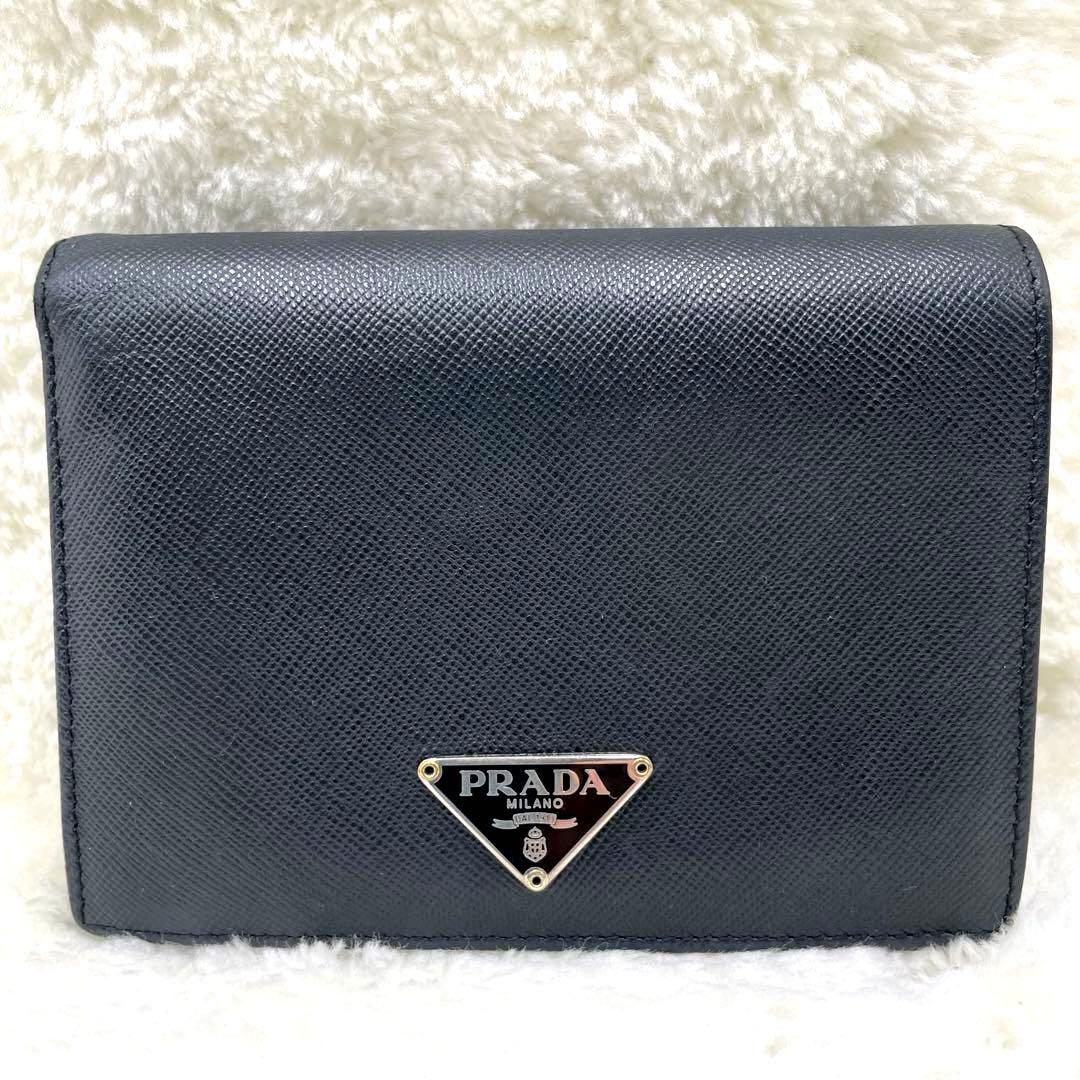 美品 プラダPRADA サフィアーノ 2つ折り 財布 三角ロゴ ブラック 箱付き