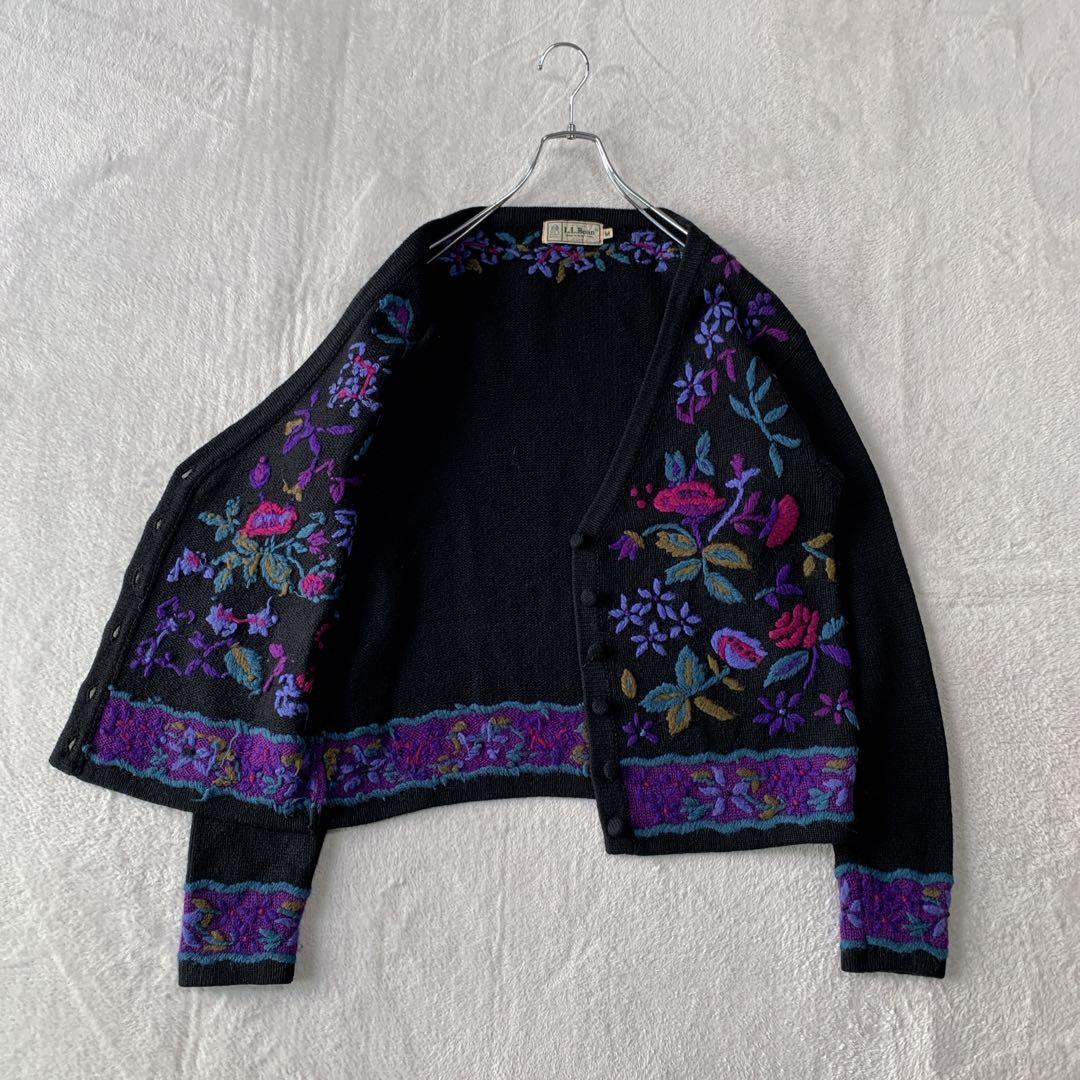 希少 80s エルエルビーン ウール ニット カーディガン 花柄 刺繍 フラワー