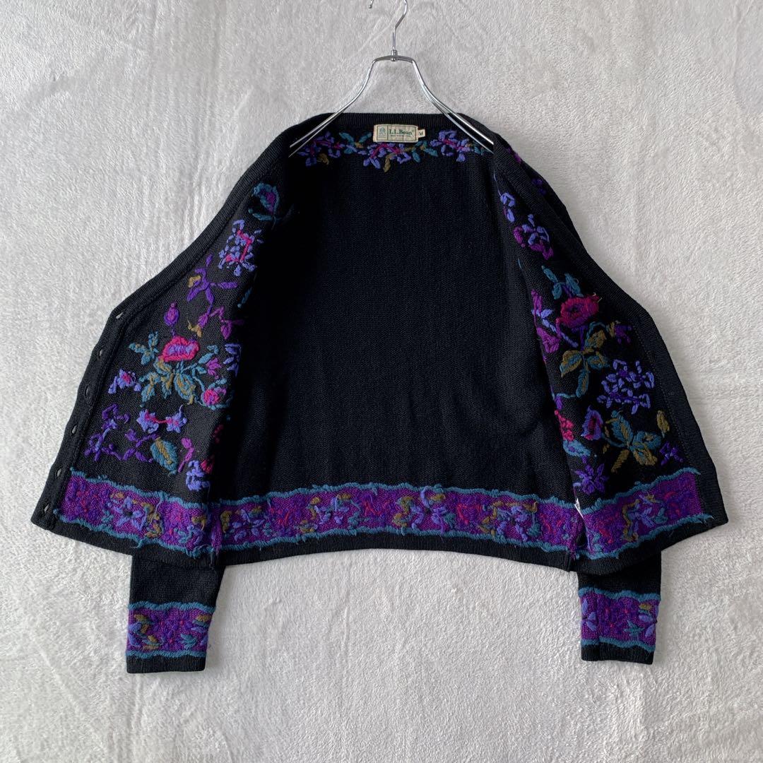 希少 80s エルエルビーン ウール ニット カーディガン 花柄 刺繍 フラワー