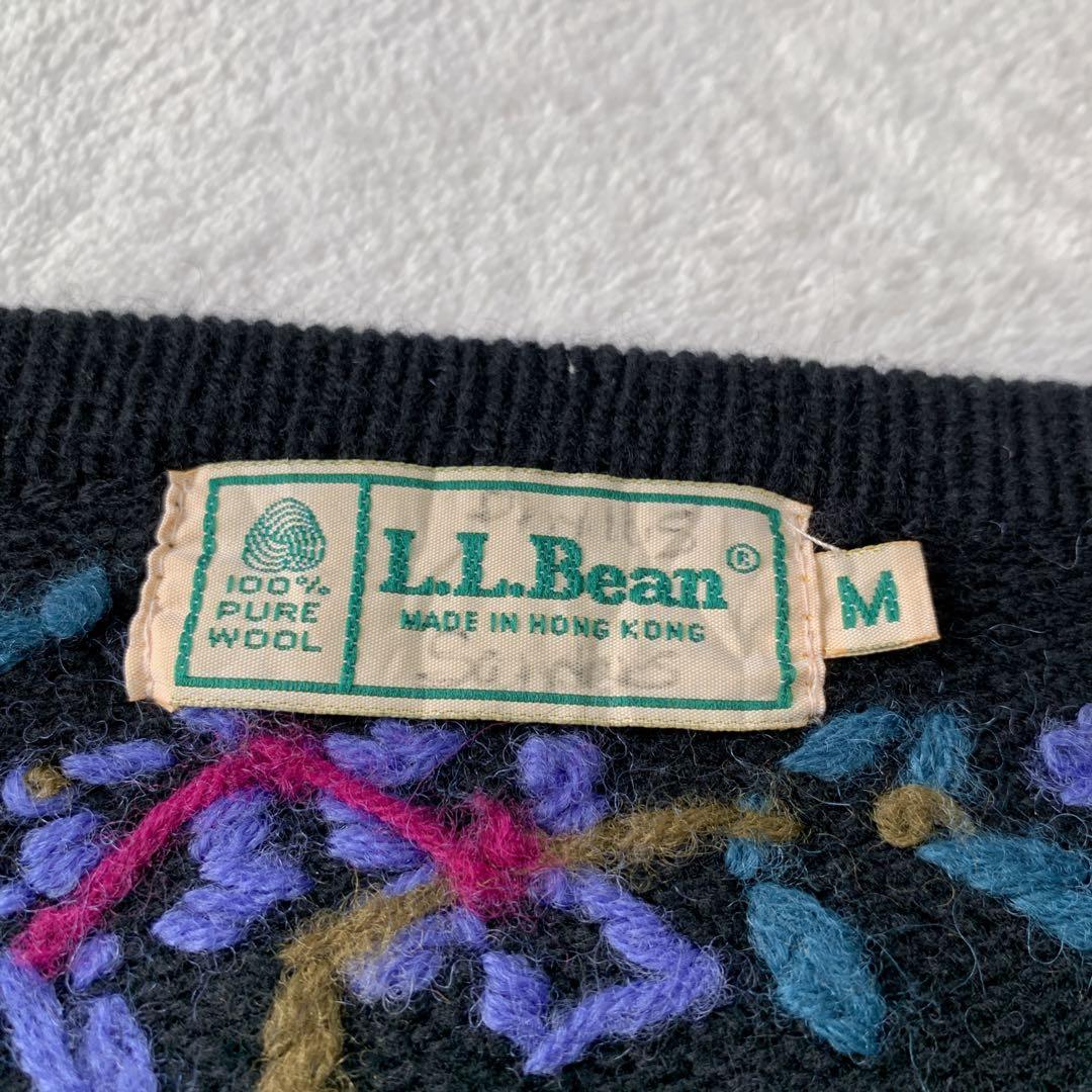 希少 80s エルエルビーン ウール ニット カーディガン 花柄 刺繍 フラワー