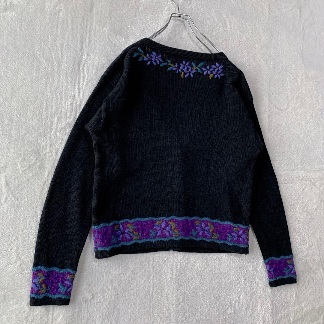 希少 80s エルエルビーン ウール ニット カーディガン 花柄 刺繍 フラワー