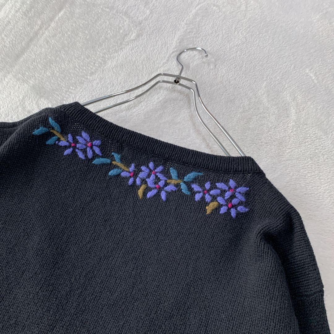 希少 80s エルエルビーン ウール ニット カーディガン 花柄 刺繍 フラワー