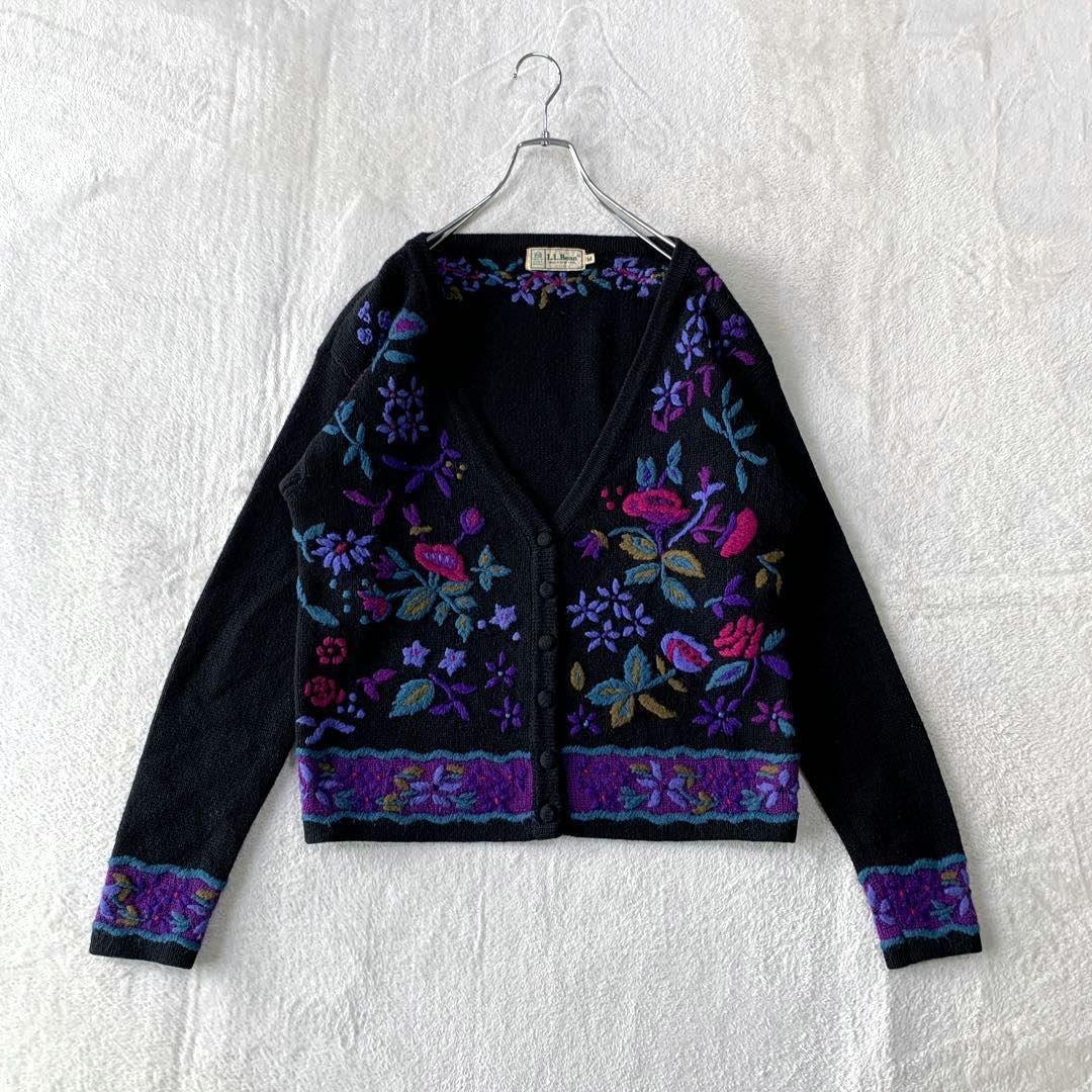 希少 80s エルエルビーン ウール ニット カーディガン 花柄 刺繍 フラワー