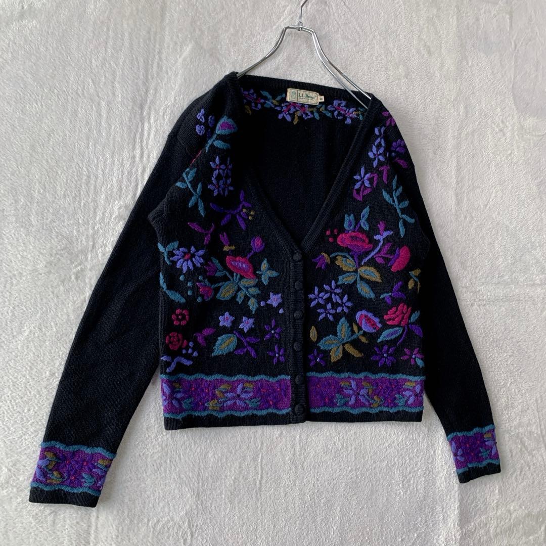 希少 80s エルエルビーン ウール ニット カーディガン 花柄 刺繍 フラワー