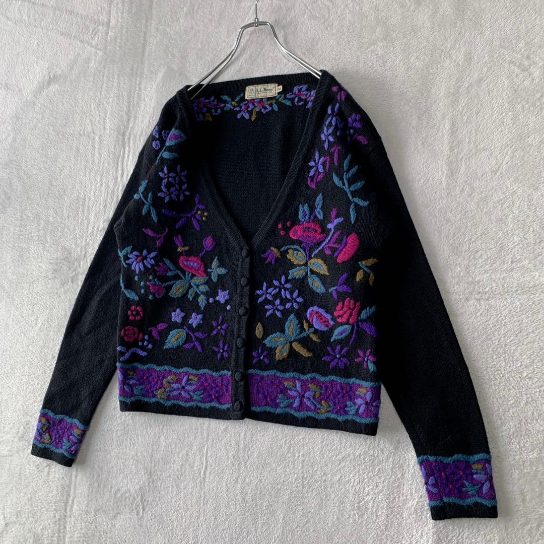 希少 80s エルエルビーン ウール ニット カーディガン 花柄 刺繍 フラワー