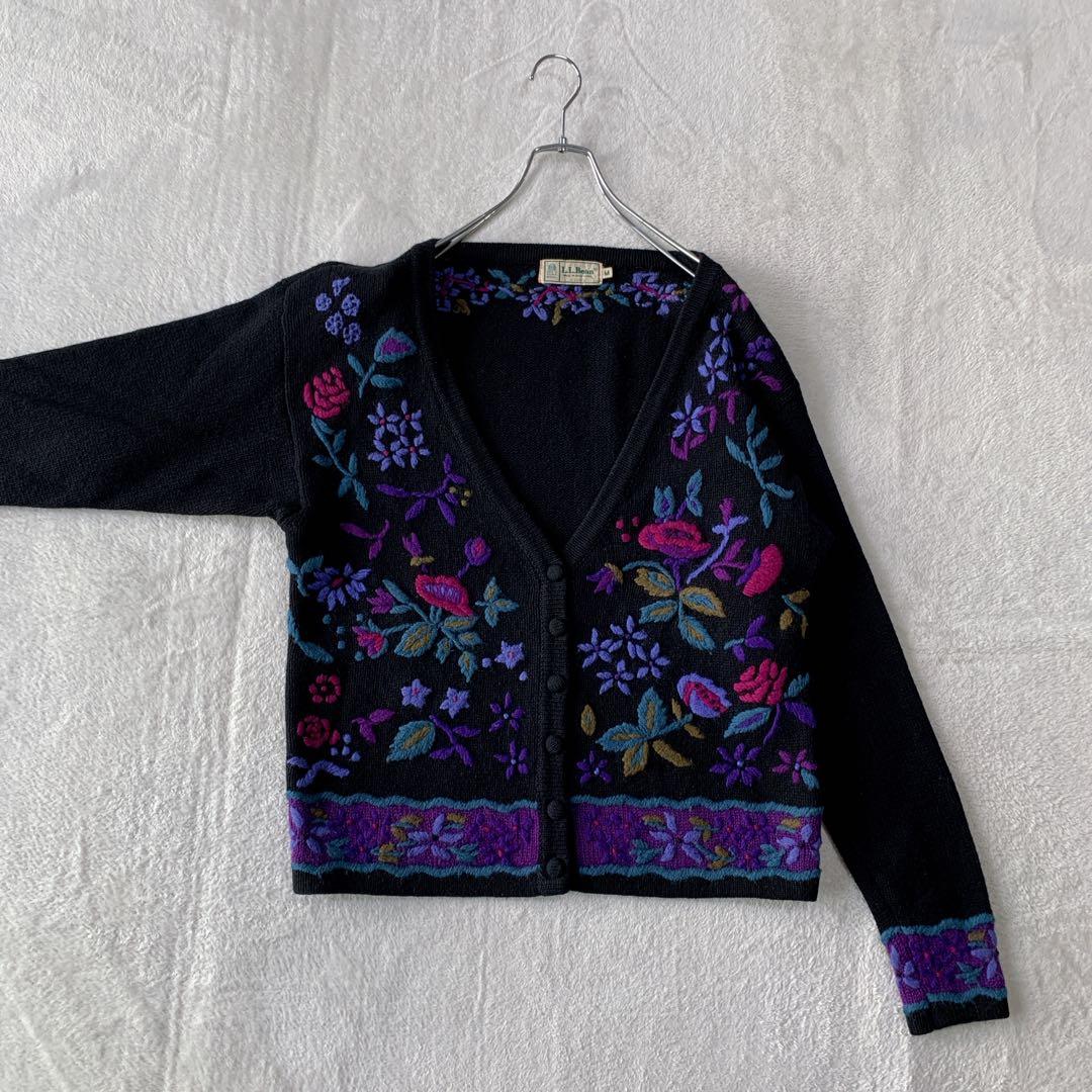 希少 80s エルエルビーン ウール ニット カーディガン 花柄 刺繍 フラワー