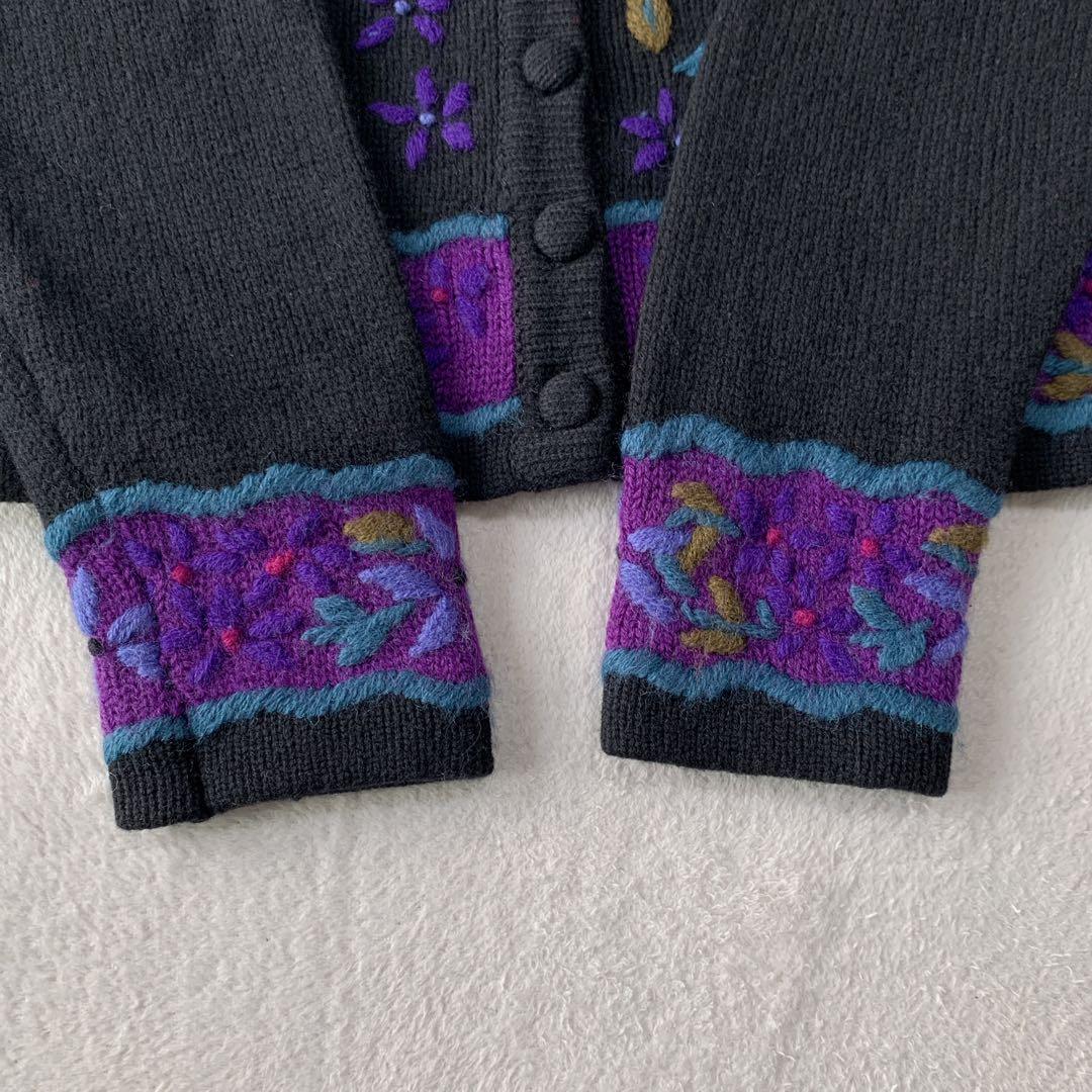 希少 80s エルエルビーン ウール ニット カーディガン 花柄 刺繍 フラワー