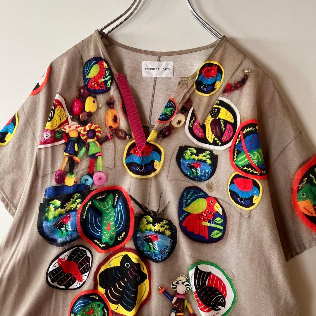 TSUMORI CHISATO カラフルプリントカットソー 鳥 魚 スパンコール