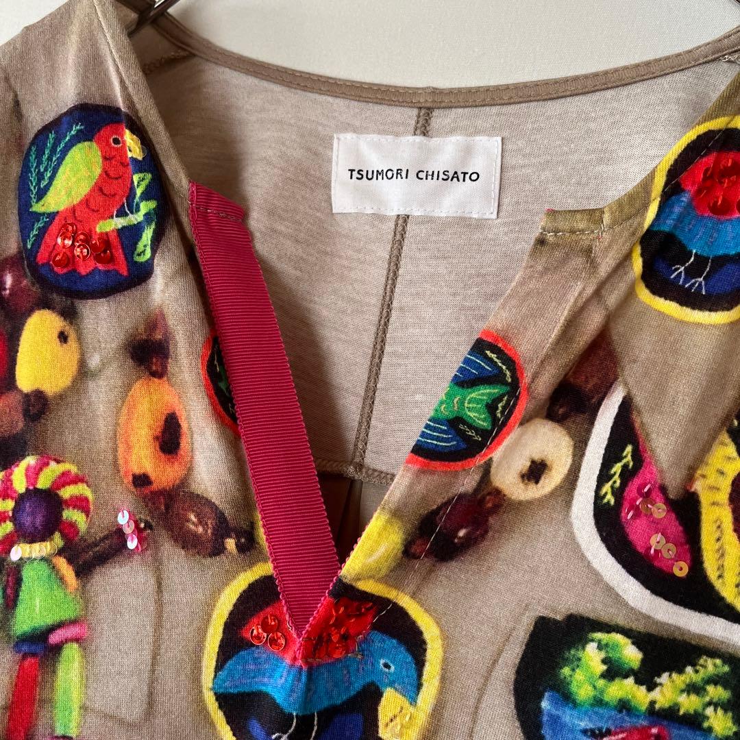 TSUMORI CHISATO カラフルプリントカットソー 鳥 魚 スパンコール