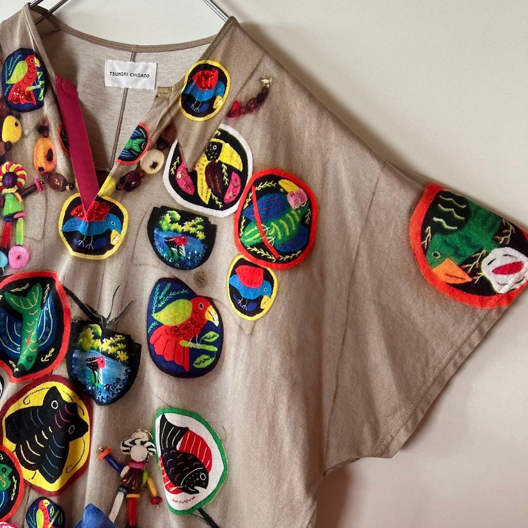 TSUMORI CHISATO カラフルプリントカットソー 鳥 魚 スパンコール
