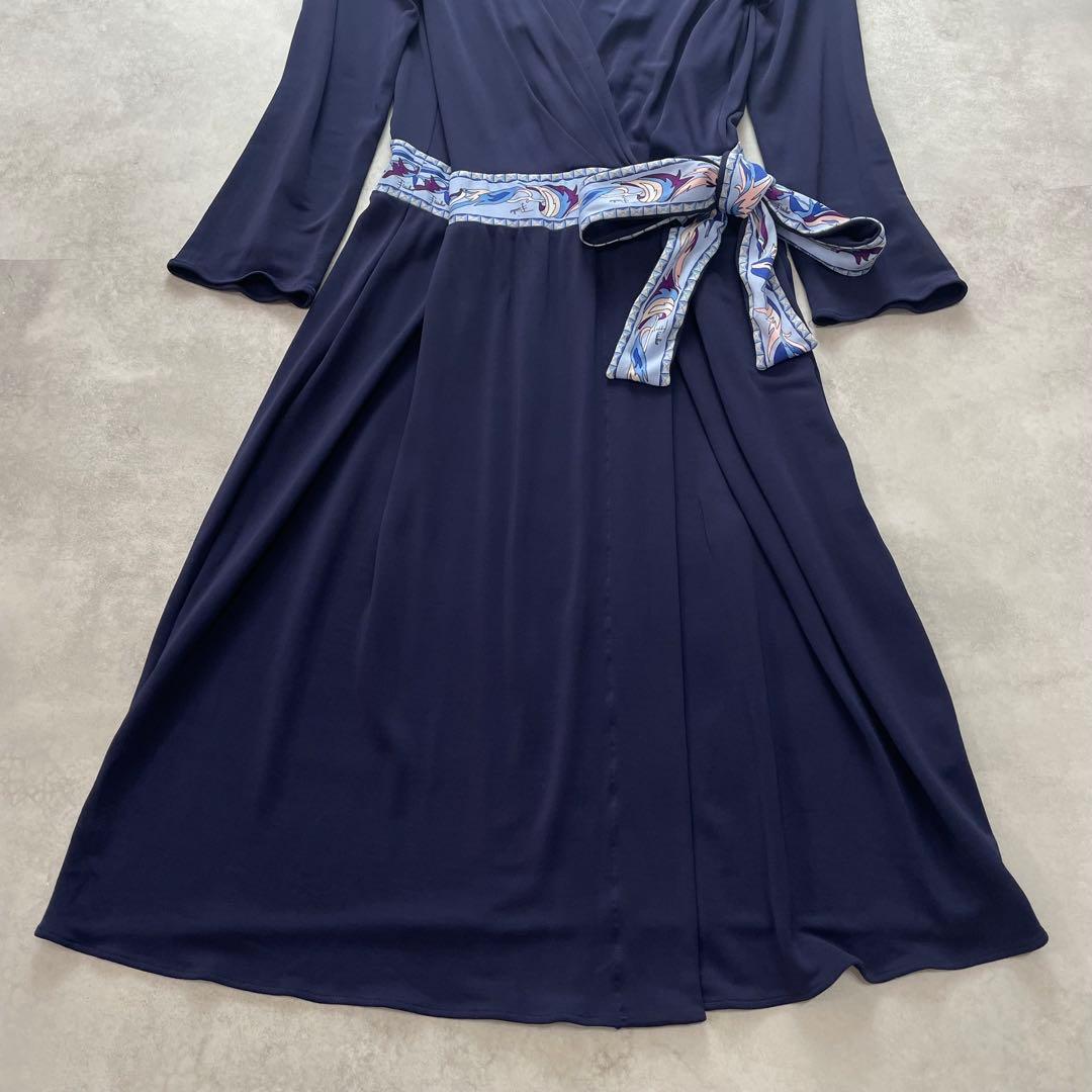 高級感✨エミリオプッチ ワンピース リボン 総柄 ネイビー 青 36 七分袖