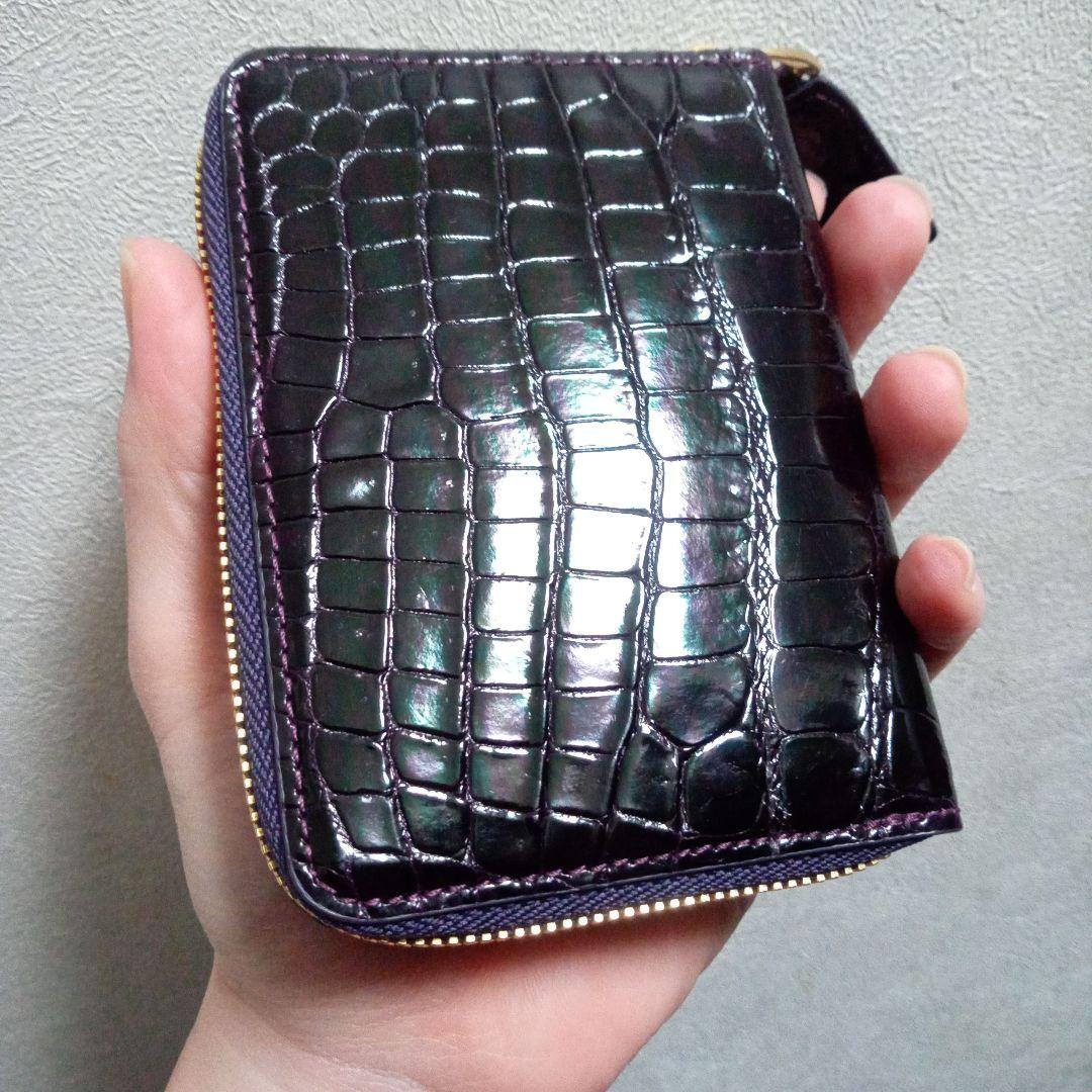 三京商会　クロコダイル　2つ折り財布　ミドルウォレット　パープル