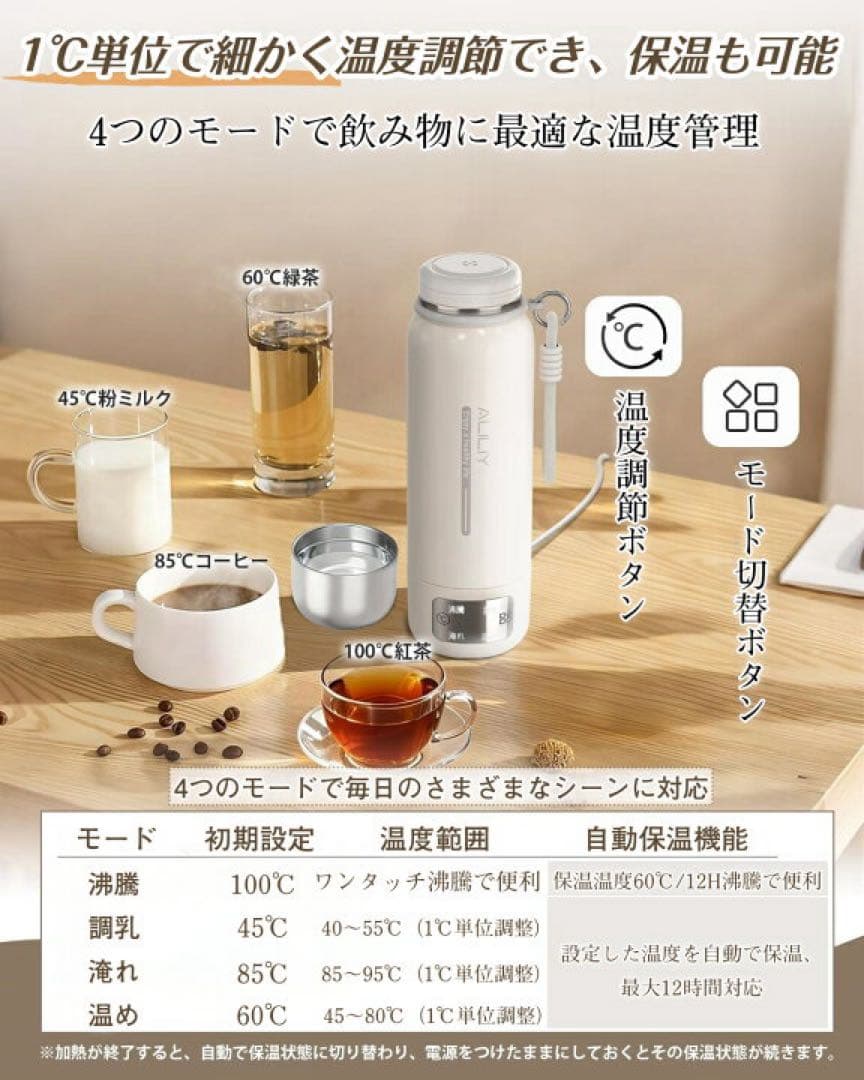 電気ケトル トラベルケトル　500ml ポータブル 保温保冷 ステンレス
