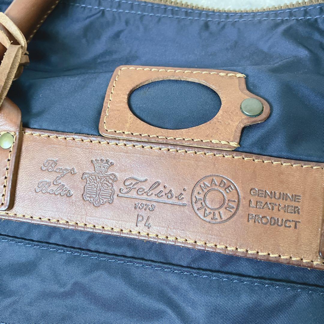 Felisi ナイロン レザー ボストンバッグ トートバッグ 大容量 ネイビー