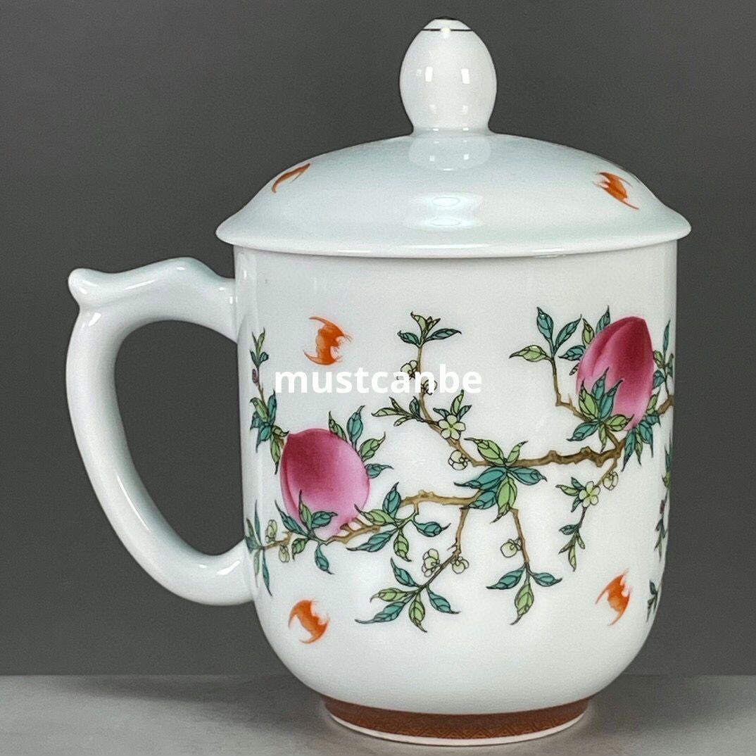 粉彩寿桃紋茶杯 中国茶器 景徳镇 蓋付き茶器 飲茶食器 煎茶具 未使用品