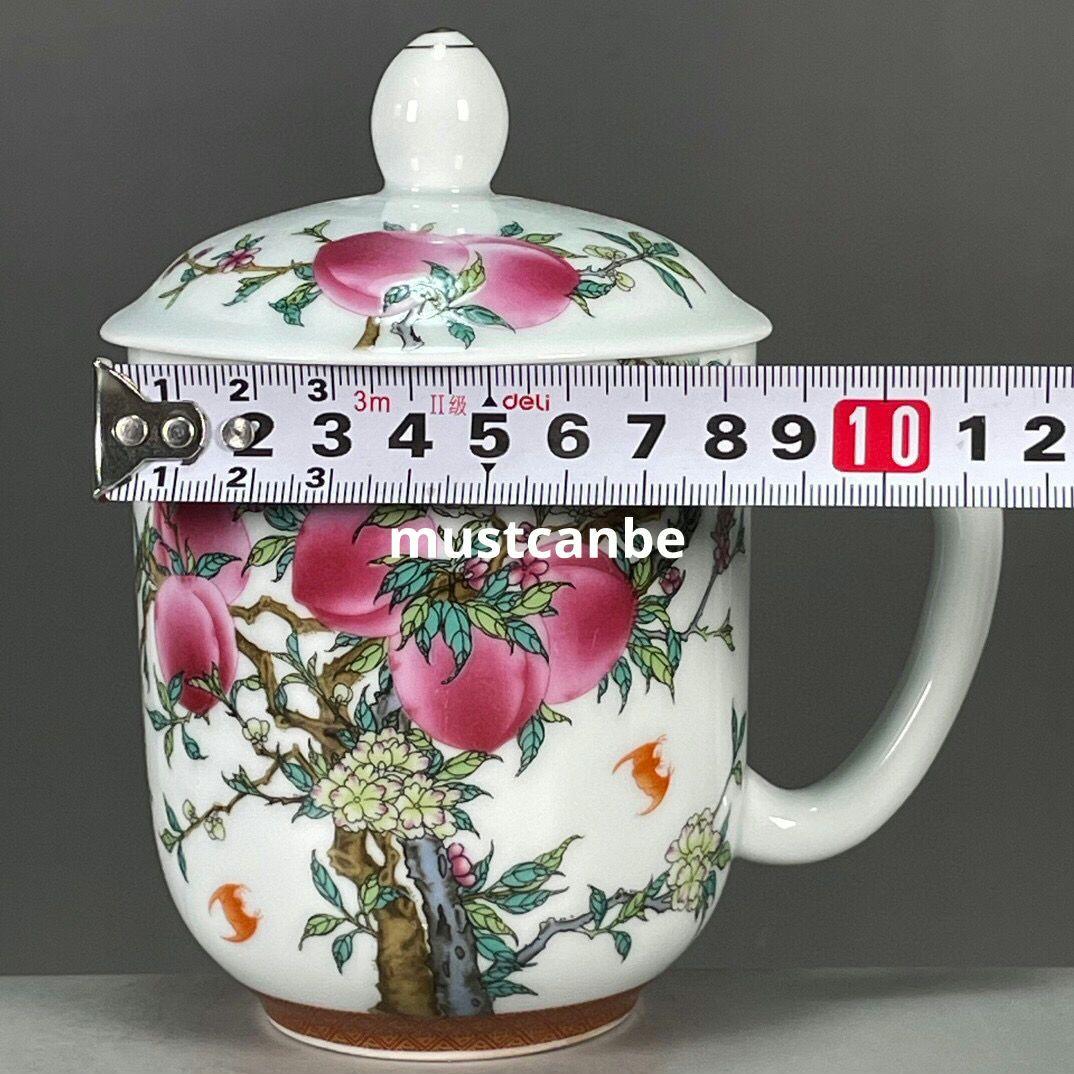 粉彩寿桃紋茶杯 中国茶器 景徳镇 蓋付き茶器 飲茶食器 煎茶具 未使用品