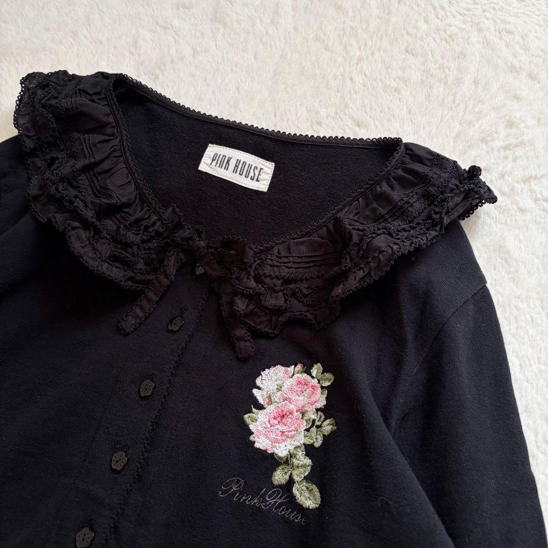 PINK HOUSE ブッシュローズ刺繍裏毛カーディガン レース襟 L