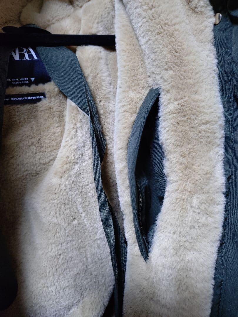 ZARA ファー付きモッズコート カーキ Lサイズ 綺麗目・Aライン