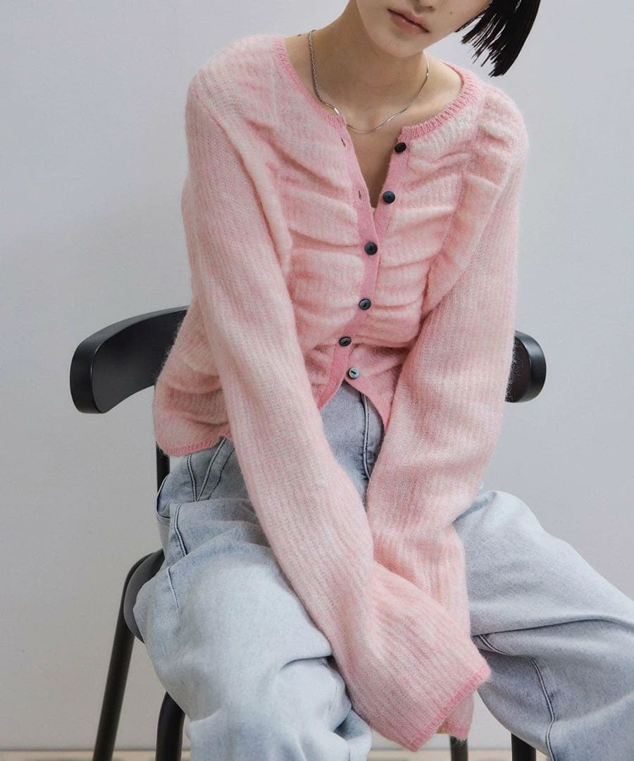 ピンク ダブルモヘアシャーリングカーディガン　アダムエロペ