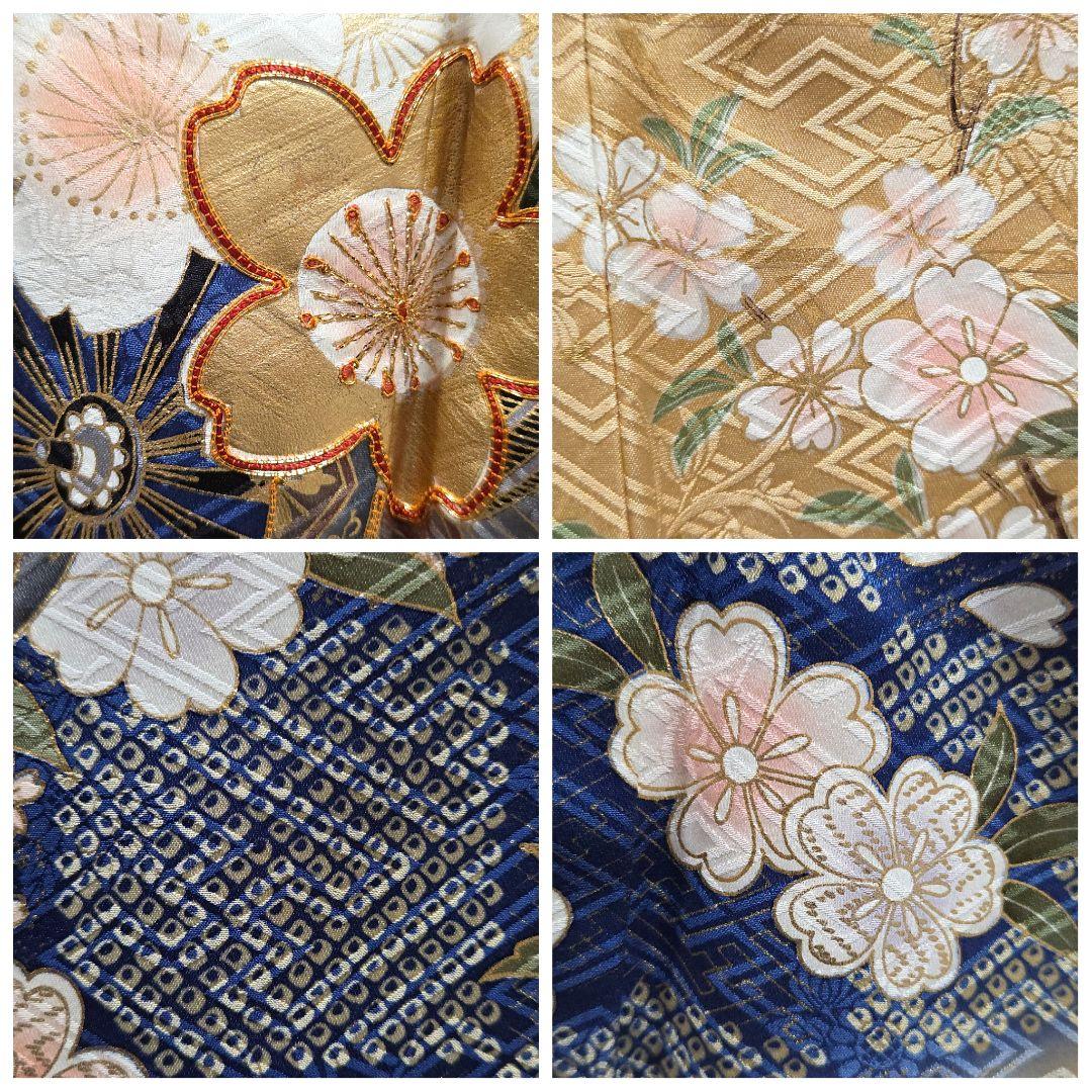 E5◆着物くつろぎ 美品 桜の花模様 金彩 市松 紗綾形 袷 正絹 振袖 着物