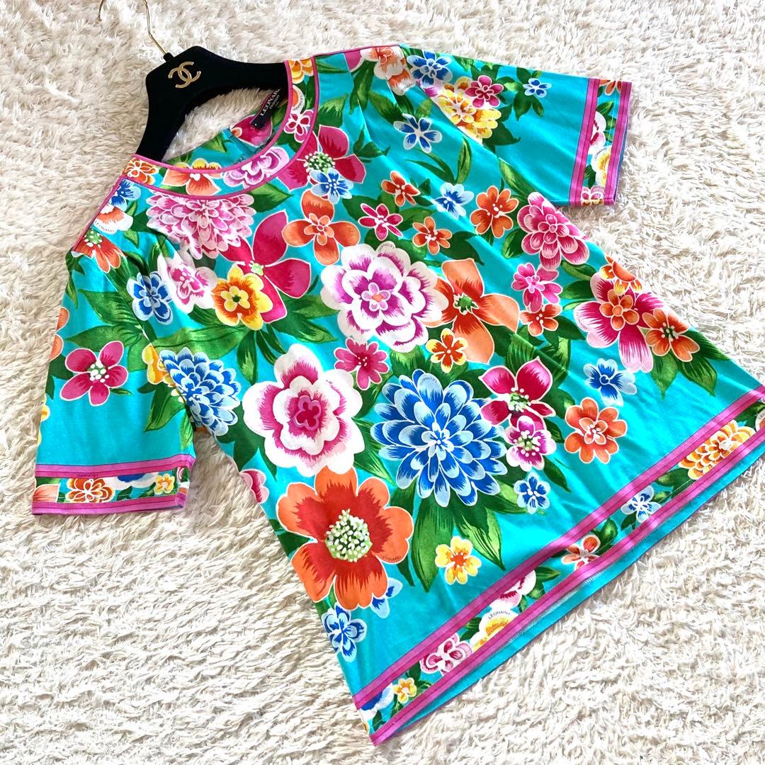 【極美品】レオナール ボタニカル フラワートリム Tシャツ カットソー 花柄 L