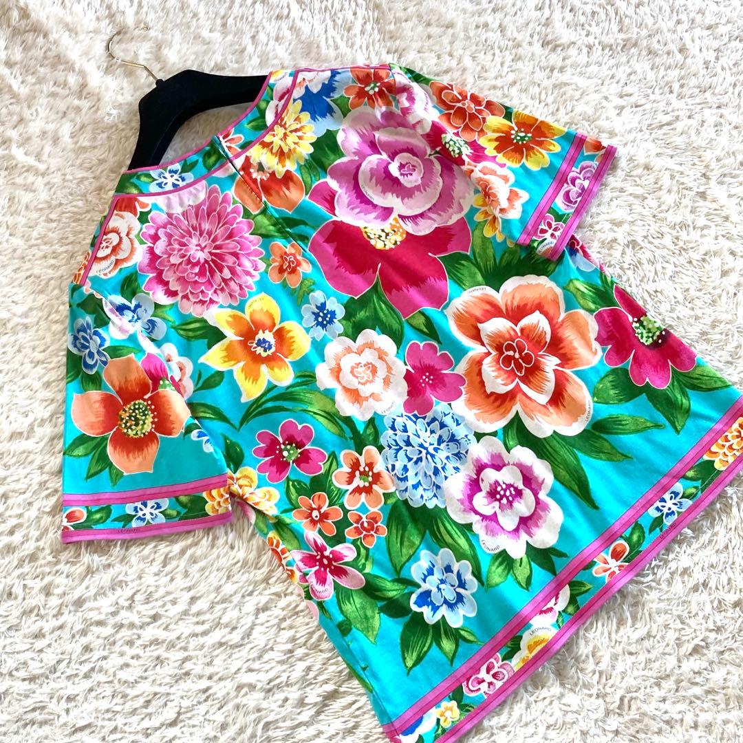 【極美品】レオナール ボタニカル フラワートリム Tシャツ カットソー 花柄 L
