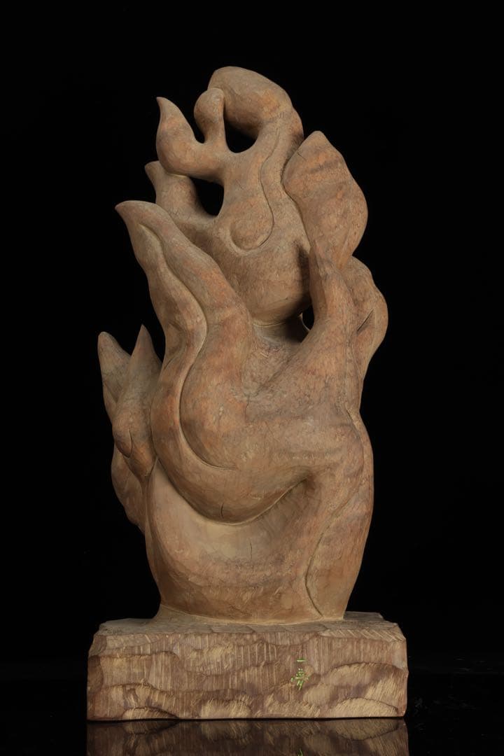 紺綬褒章受章 彫刻家【横山一夢】木彫 不動明王像「明王」49㎝ 置物 共箱 栞付