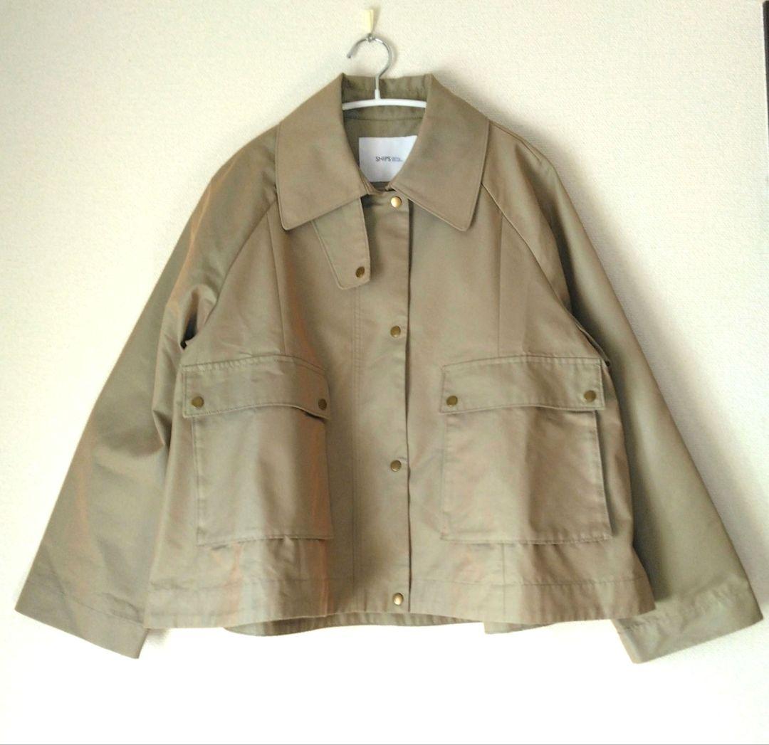 SHIPS any シャンブレーAラインフレアショートコート　オリーブ