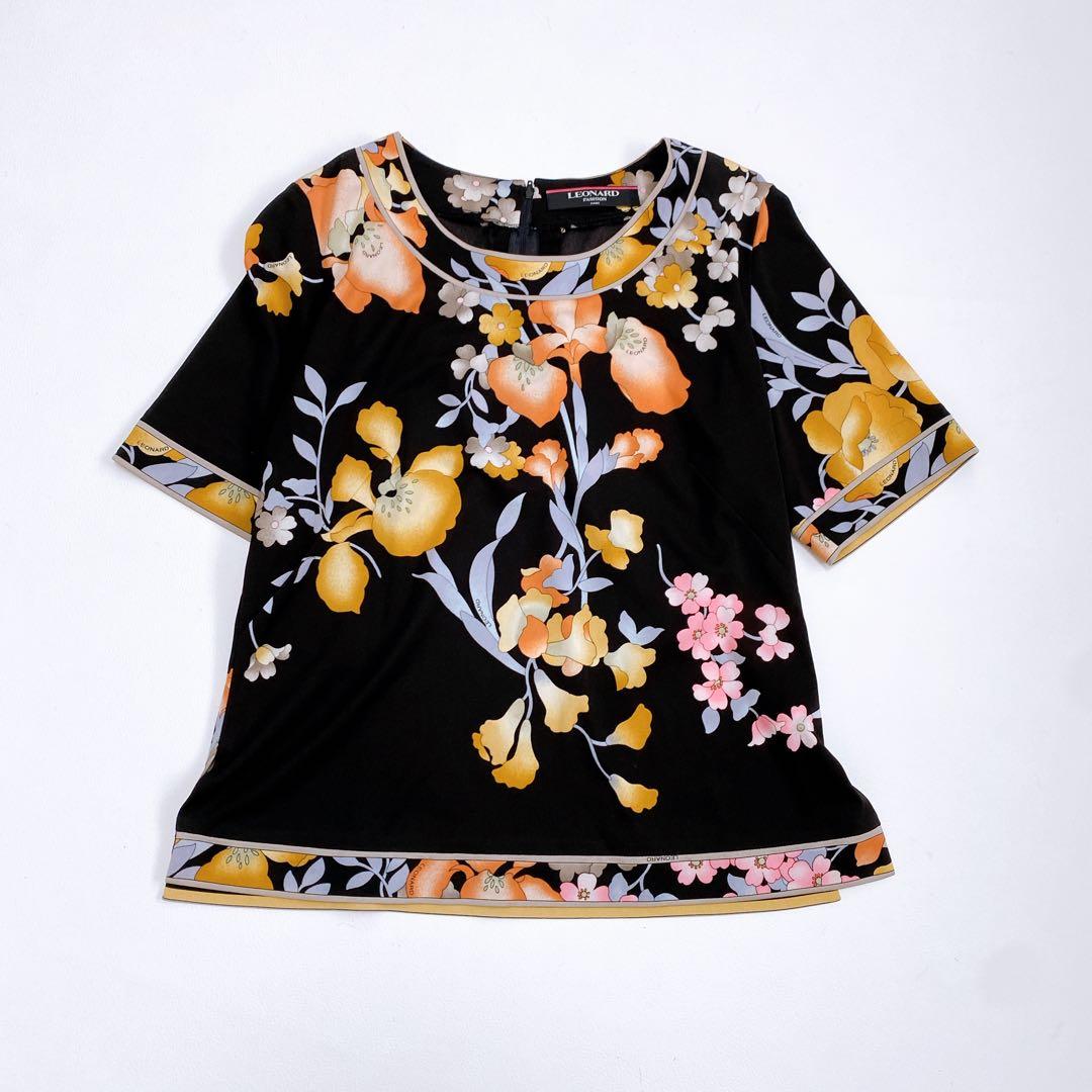 レオナール カットソー Tシャツ 半袖 カンカン ブラック トリム 花柄 M