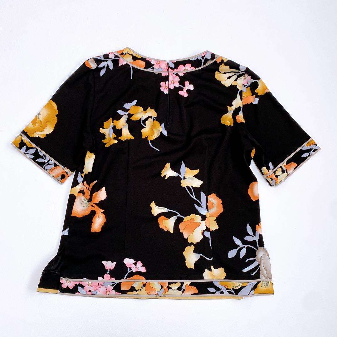 レオナール カットソー Tシャツ 半袖 カンカン ブラック トリム 花柄 M