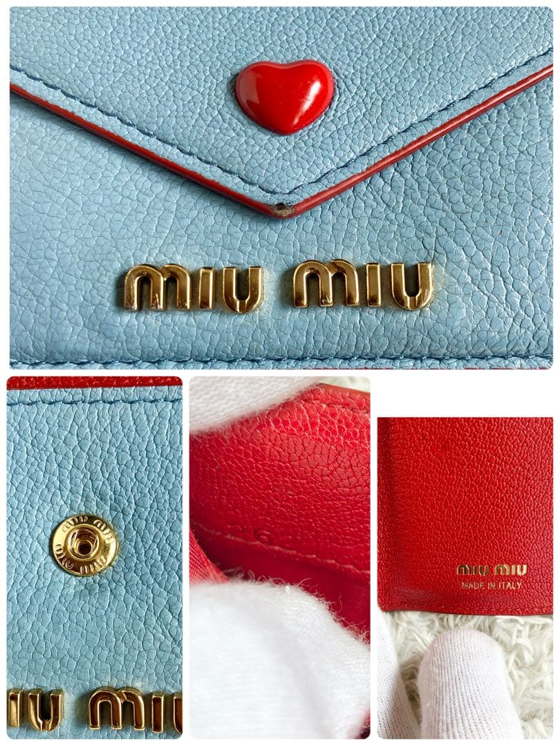 美品✨ミュウミュウ 折り財布 FRIDハート ラブレター 本革 水色