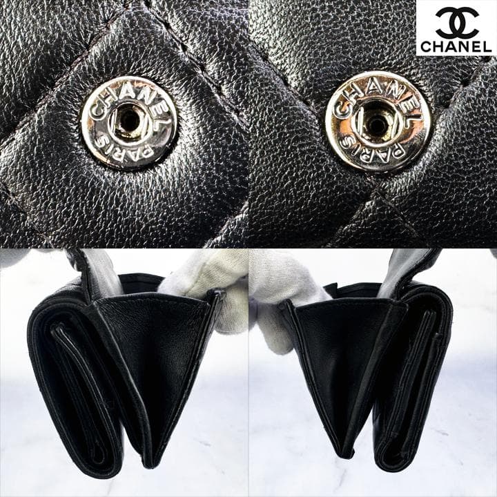 579　CHANEL シャネル　ラムスキンマトラッセ　Wホック　三つ折りミニ財布